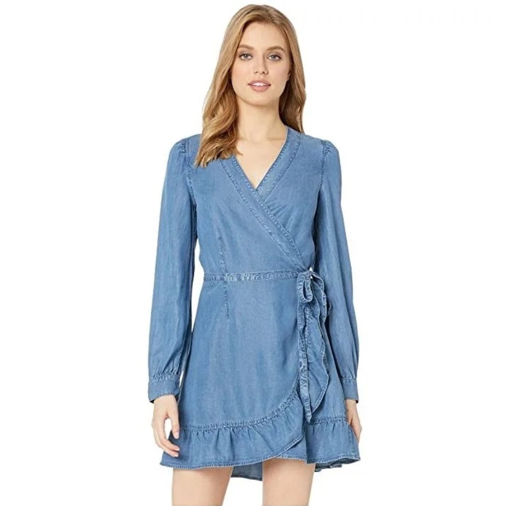 PAIGE Kendry Denim Wrap Dress | Long Sleeve V-Neck Blue Chambray Ruffle Mini XS